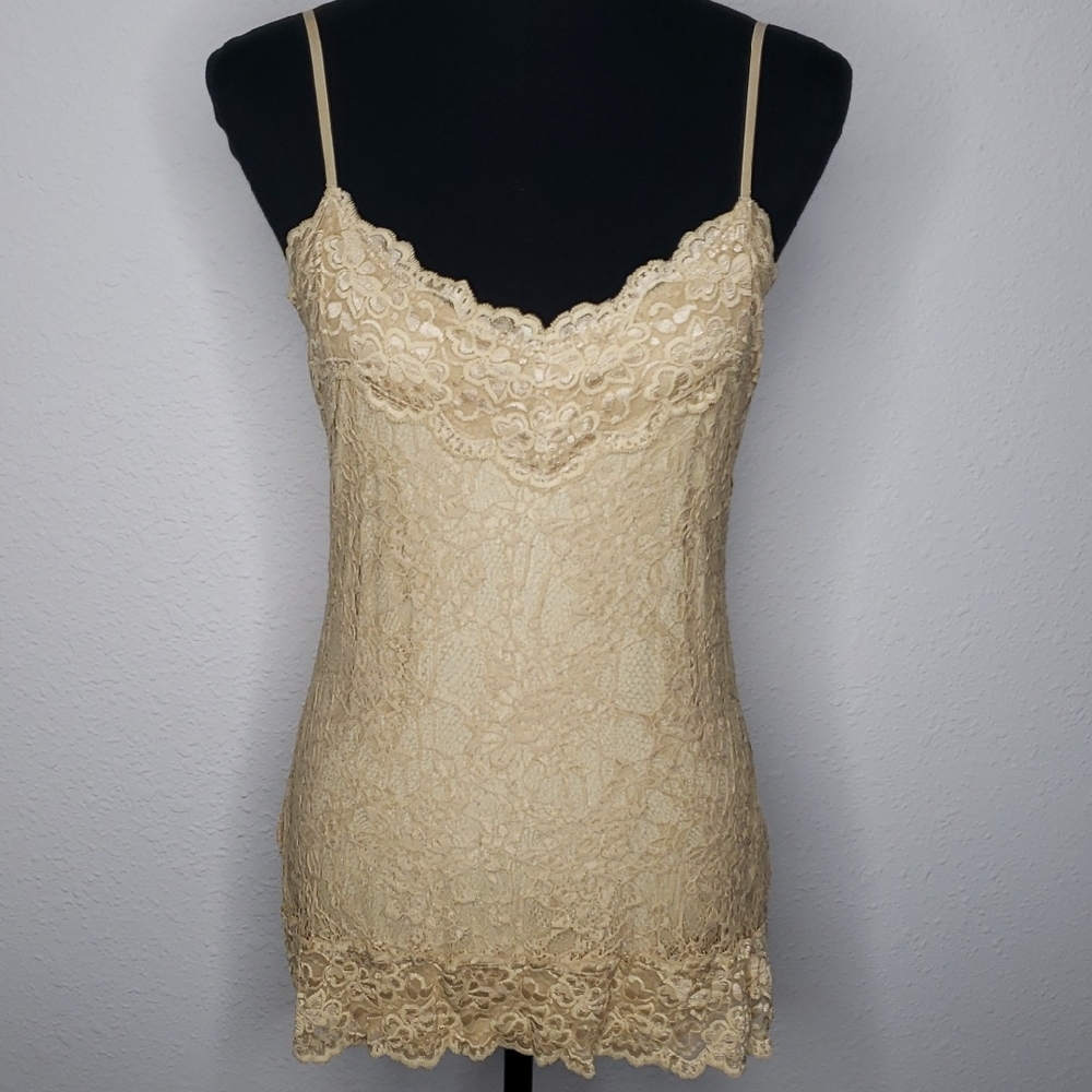 Vintage Studio Y Floral Lace Nylon Cami Top Size L Romantic Cream Tan 90s Preppy